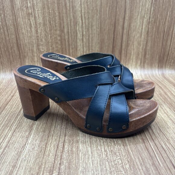 Candies Original Sandal High Heel Slide Blue Crisscross Leather 8.5 Vintage 90’s - Picture 1 of 7